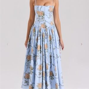 House of CB Ysabella Blue Vintage Rose Print Cotton Midi Sundress